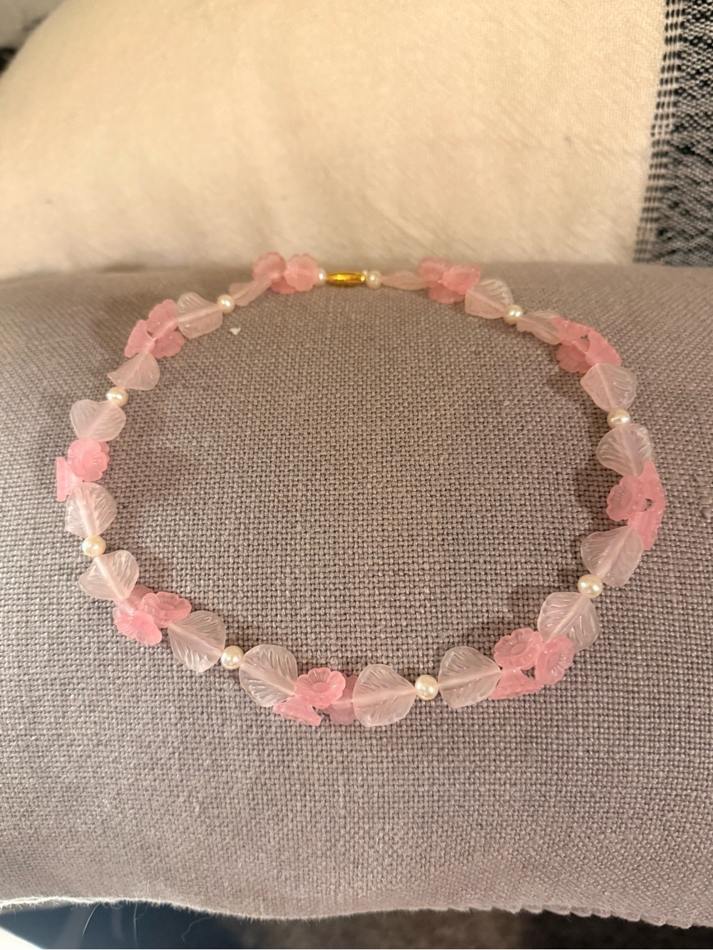 Delicate Pink Leaf Necklace with Pearl Accents